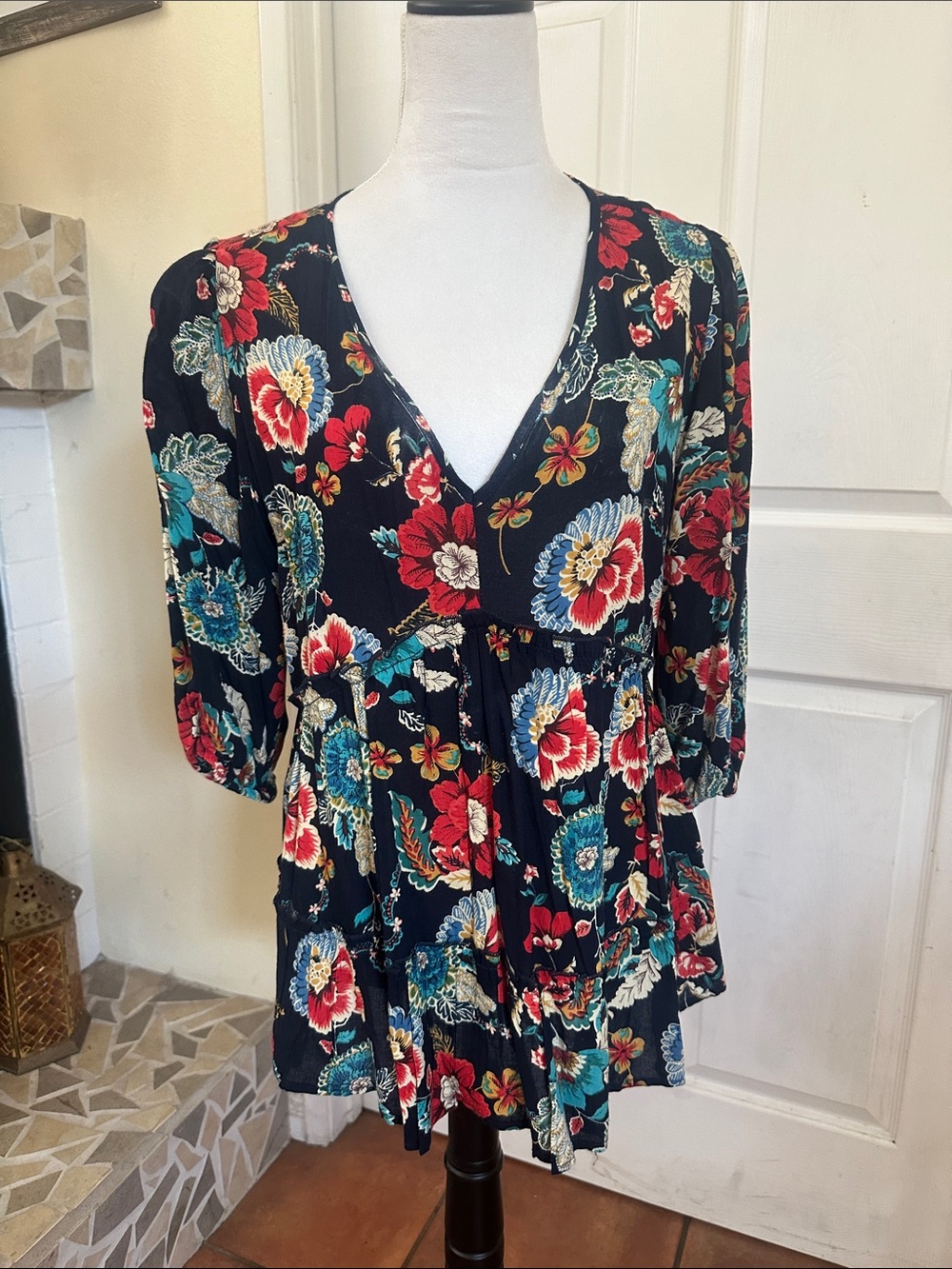 Bila Black Floral V-Neck Tunic with Red & Teal Blooms